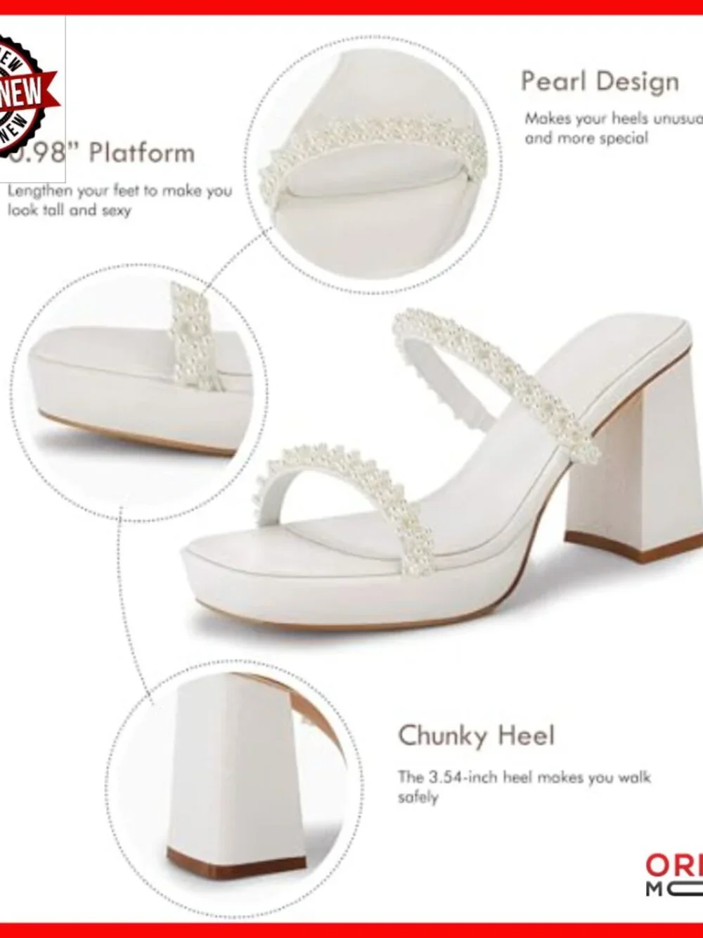 Platform Chunky Heel Sandals Square Toe Strappy Pearl Slides